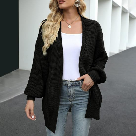 Женский вязаный кардиган-фонарик с длинным рукавом и открытой передней частью, свитер средней длины, пальто, однотонный свободный крой, верхняя одежда для вязания