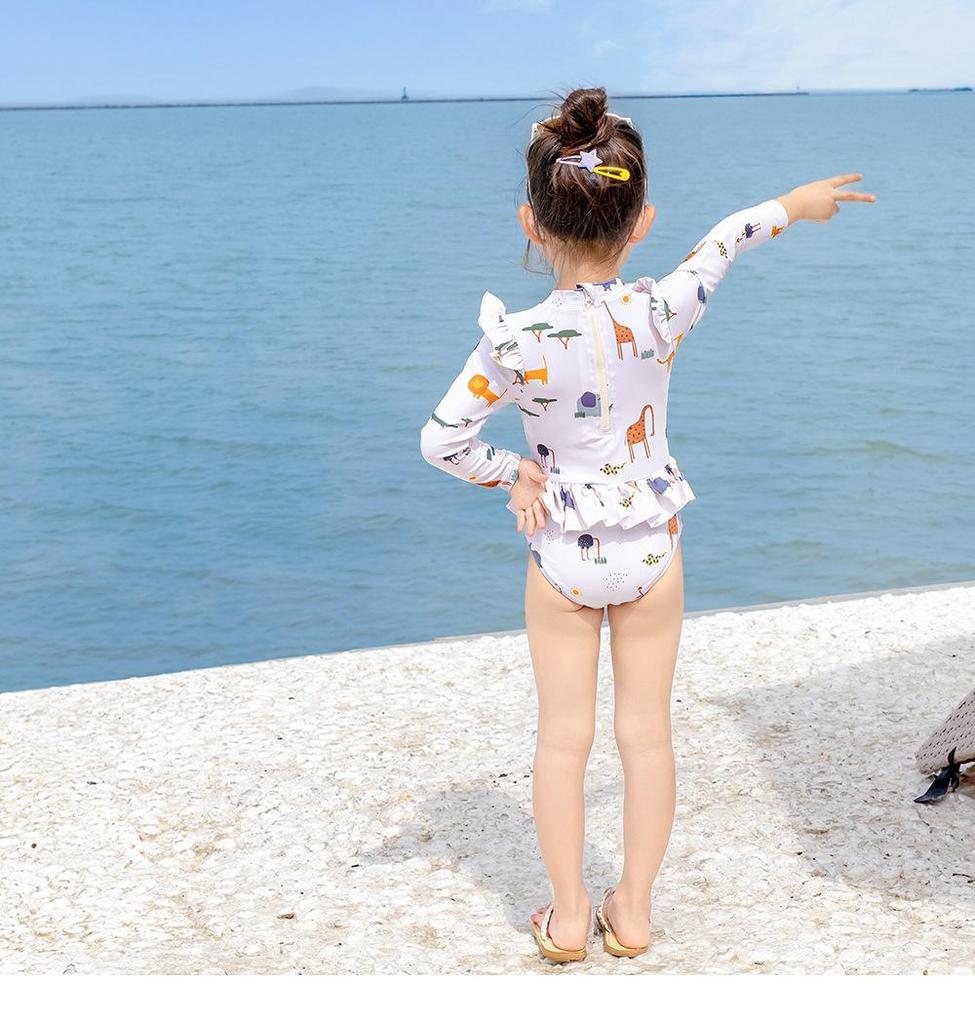 New Summer Children's Swimwear Girls' Bikini Cartoon Print Baby Boys' Swimsuit Long Sleeve Sunscreen Beach Swimming Clothing