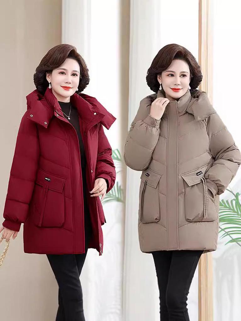 2025 Winter Warm Hooded Mid-Length Down Jacket for Middle-Aged and Elderly Women