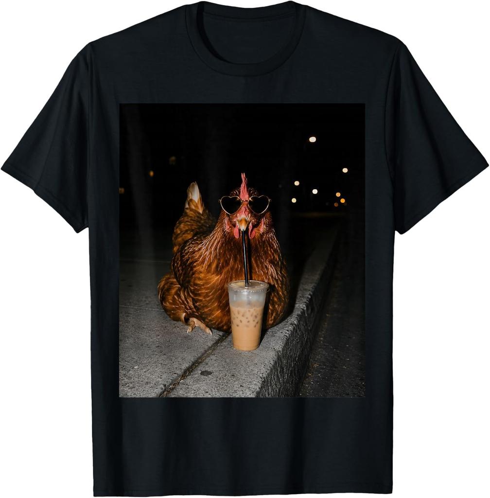 Funny Chicken Drinking Iced Coffee Meme T-Shirt