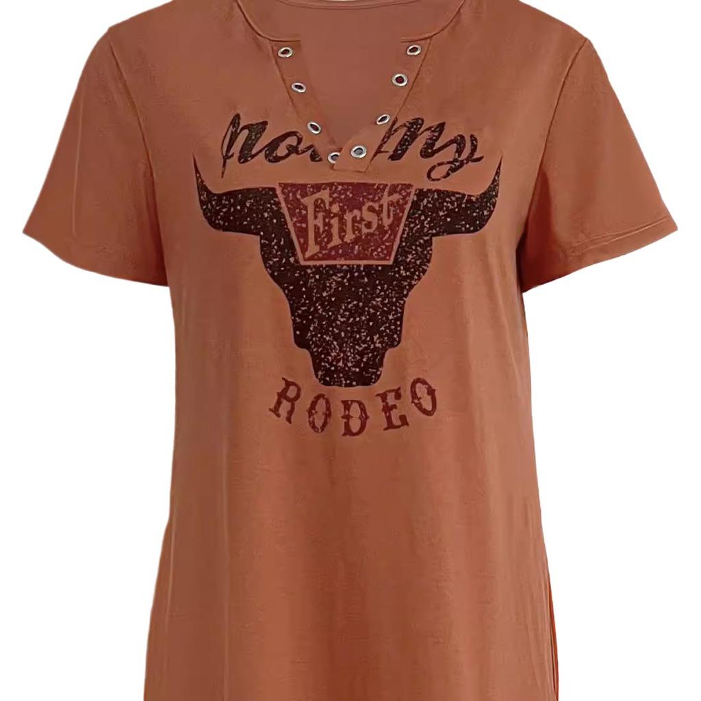 Европейские и американские новые модели, удобная повседневная женская одежда, платье с коротким рукавом, круглым вырезом, ретро-принтом с бычьей головой и буквами