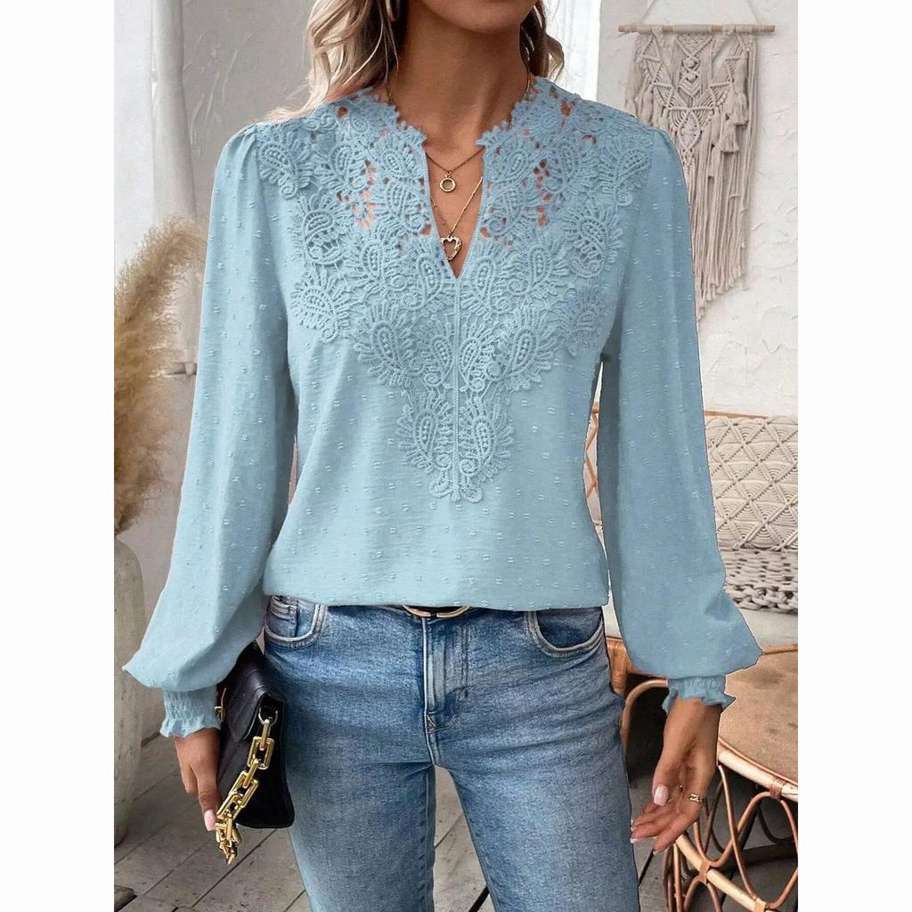 Luxury Lace Hollowed V-Neck Shirt Women Solid Color Long Sleeve Top Office Lady Elegant Daily Blouse
