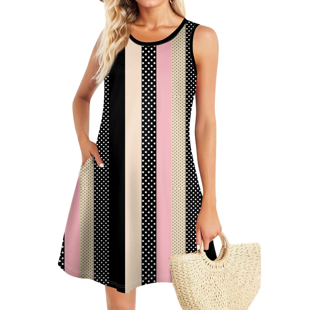 Summer Dresses For Women Beach Boho Sleeveless Vintage Printing Flowy Pocket Tshirt Tank Sundresses