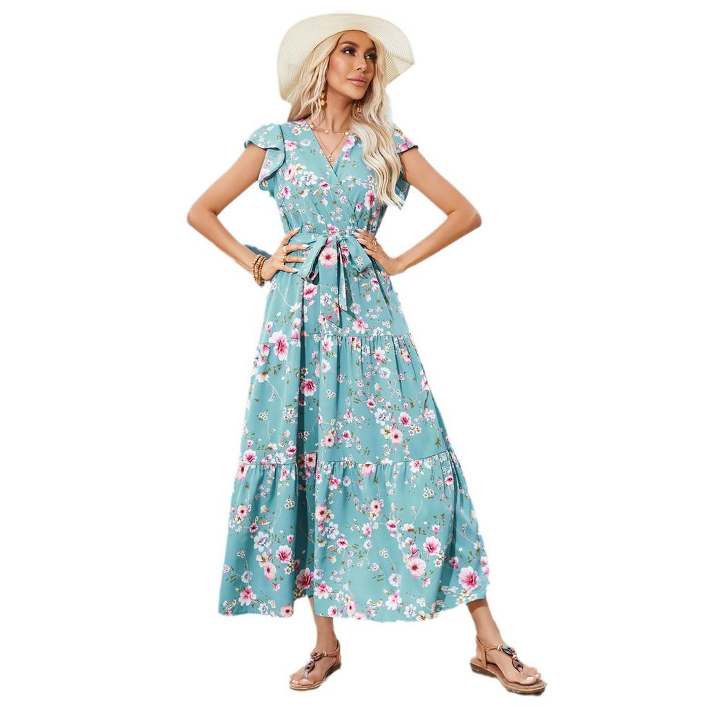 2025 Новый европейский и американский узор с принтом, поясом на талии, V-образным вырезом, платье в стиле бохо, праздничное пляжное платье