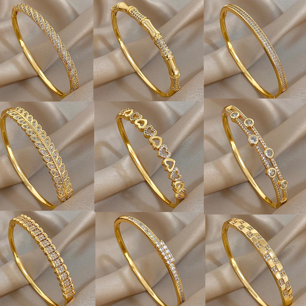 Flashbuy Gold Color Chic Inlaid Zircon Copper Bangle Bracelet For Women Statement New Design Temperament Wrist Fashion Zircon