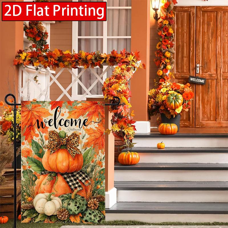 2D Flat, 2D Flat Welcome Autumn Pumpkin Thanksgiving Garden Flag_2-28x40 Inch Outdoor Garden Flag Double-sided Home Decoration Courtyard Decoration Ou