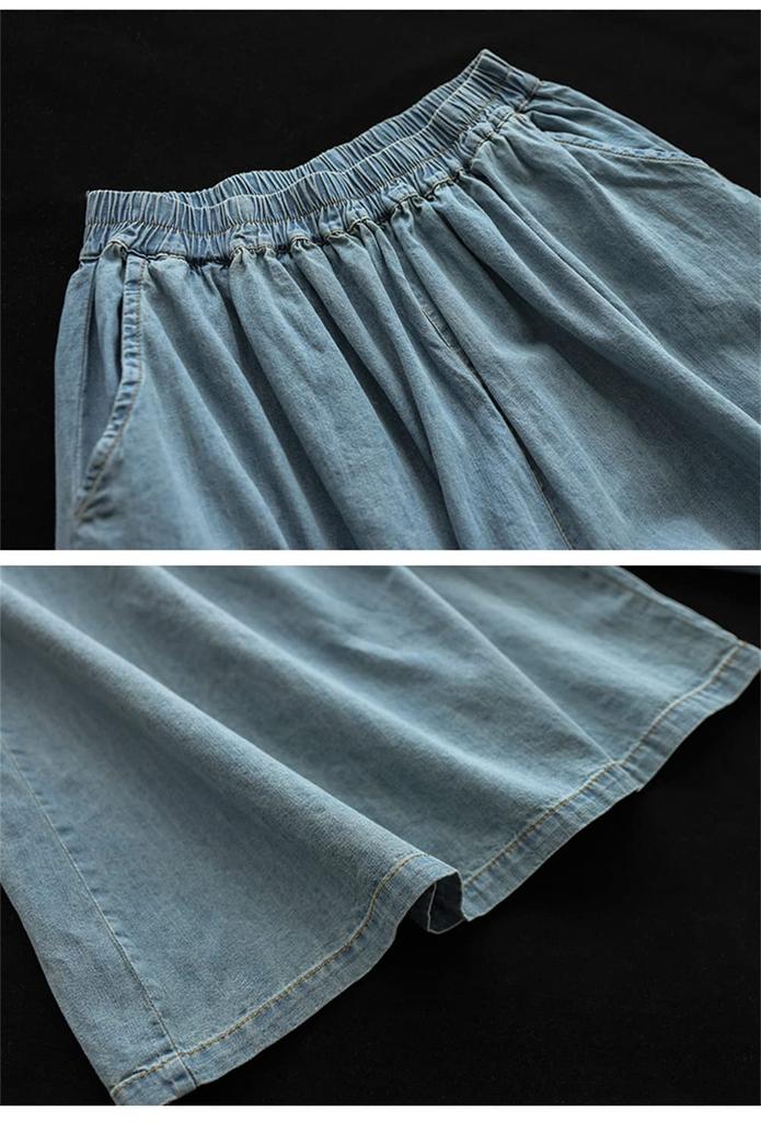 BEIBANG Denim Gaucho Pants with Elastic Cropped Casual Simple Plus Summer 24 Dark Women's Wide-Leg Waist, Pants, Bottoms, Style, Sizes, (Size Blue)