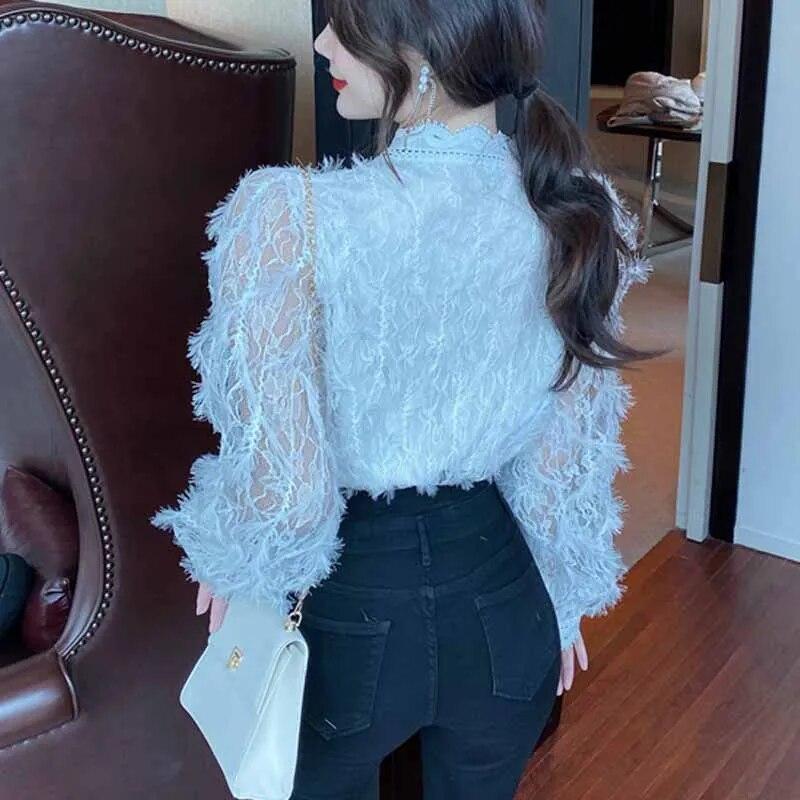 Милая кружевная блузка с v-образным вырезом, корейская модная элегантная блузка с длинными рукавами, тонкая винтажная рубашка, женские топы 16921