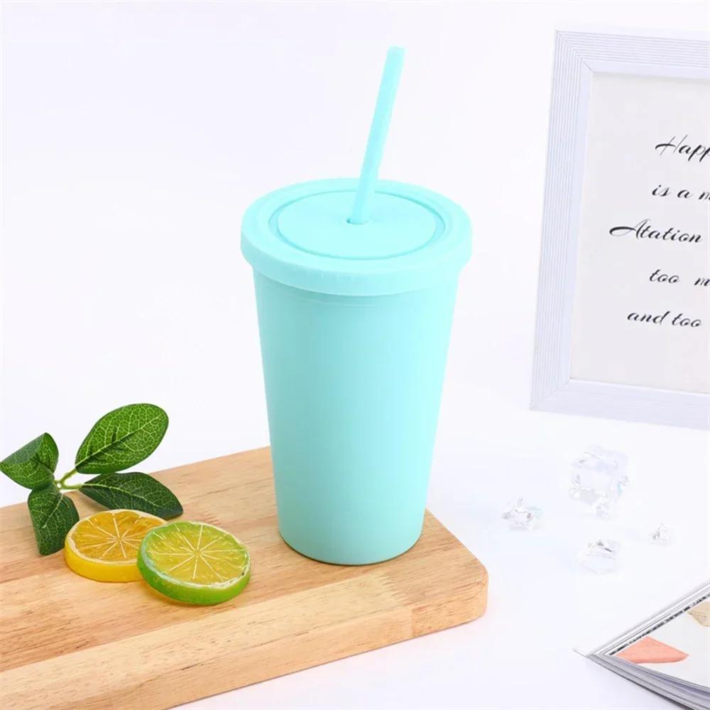 Candy Color Double-layer Plastic Straw Cup Coffee Cup Plastic Frosted Handy Water Cup Easy To Carry Straw Kettle Sports Bottle