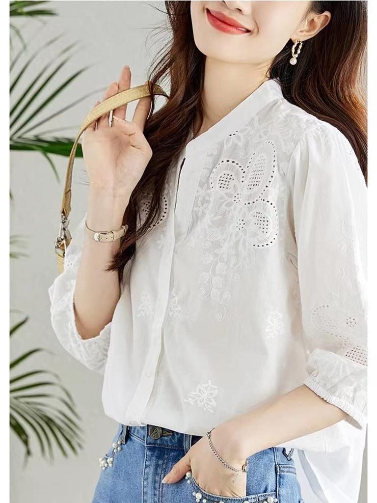 Short Floral Large Openwork [PH.YZBBDPG] Shirt, Blouse, Top, Sleeve, V-neck, Plain, Embroidery, Pattern, Size, Feminine, Women's, Knit, Slimming,