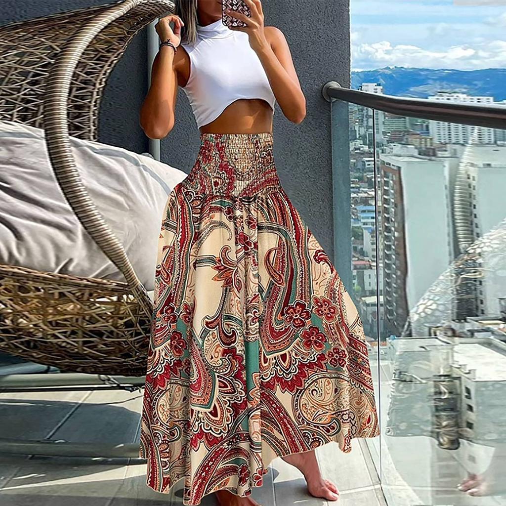 Women  Casual Loose Boho Elastic Waist A-Line Beach Flowy Swing Vacation Floral Printing Maxi Skirt