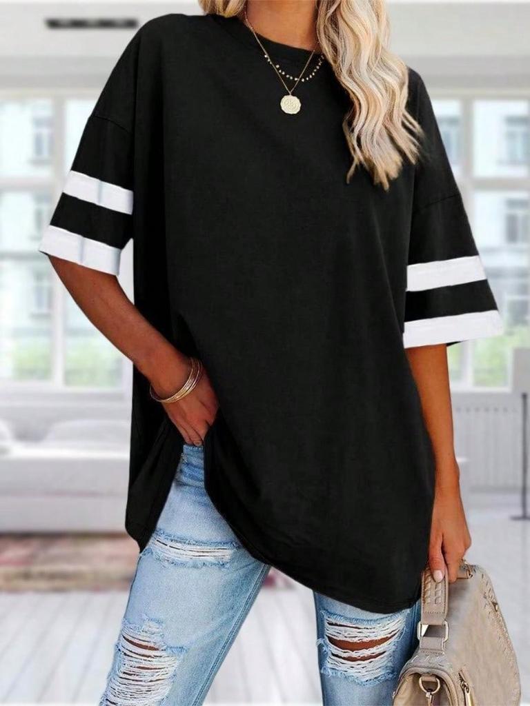 Women's Oversized Color Block T-Shirt Half Sleeve Crew Neck Loose Cotton Tunic Top