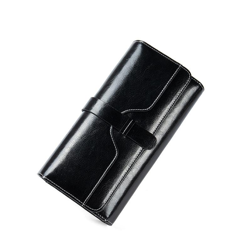 Женский кошелек, длинный масляный воск, натуральная кожа, тройной кошелек большой емкости в стиле ретро