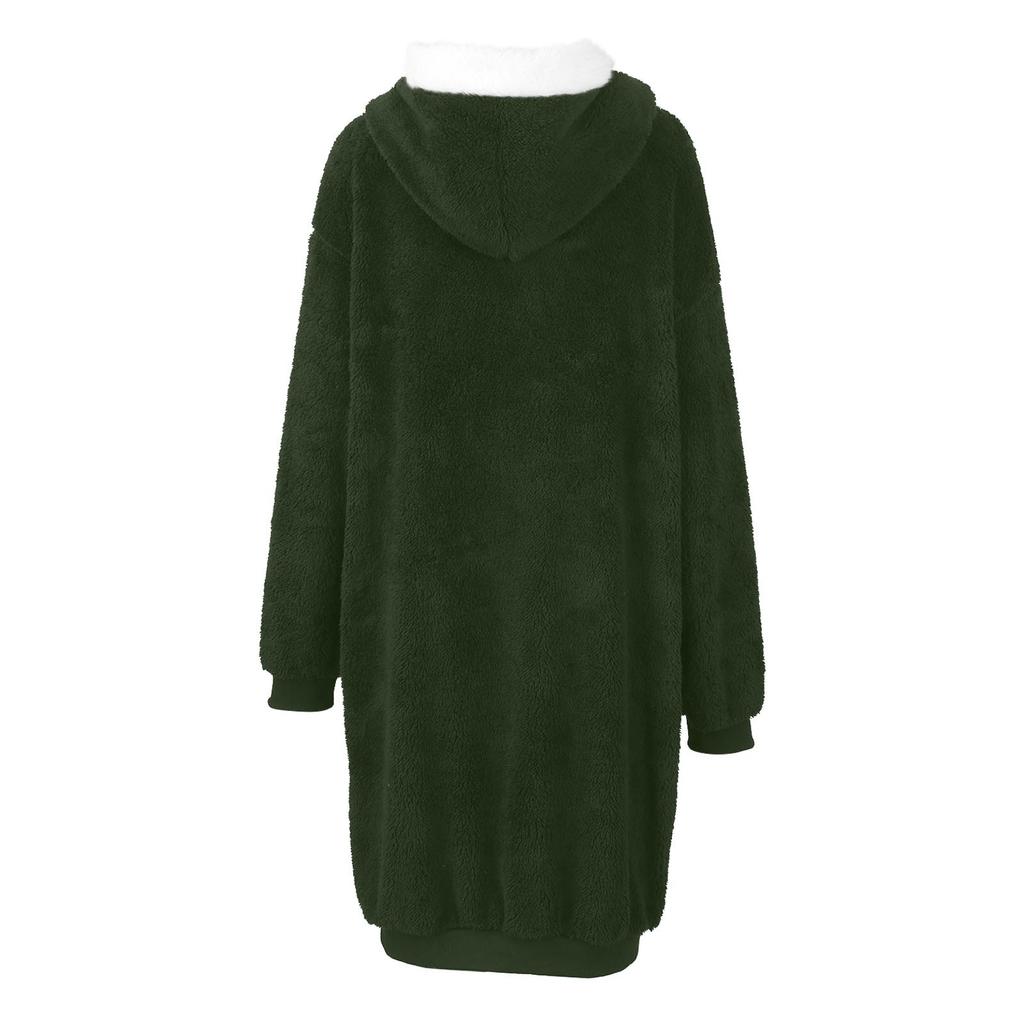 Женское однотонное двустороннее плюшевое пальто средней длины с капюшоном и карманами