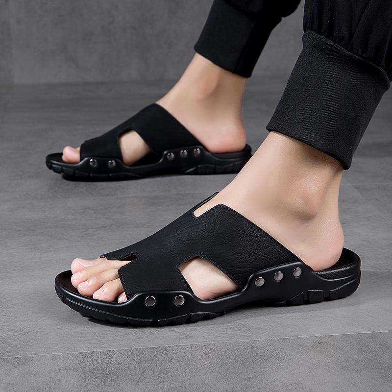 Летние мужские пляжные тапочки из натуральной кожи, домашние сандалии больших размеров
