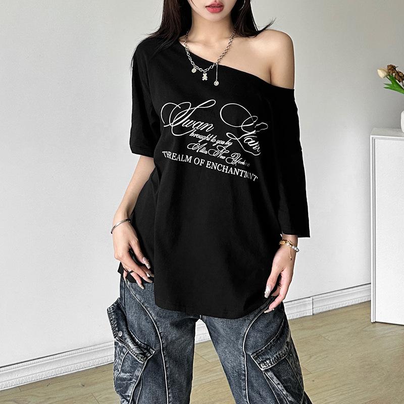 Y2k Aesthetic Casual Off Shoulder T-shirt Loose Letter Printing Harajuku Tshirts Grunge Vintage Streetwear Oversized Tee Shirts