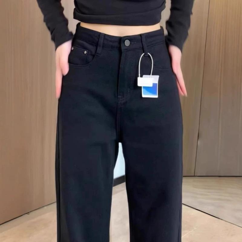 Black straight jeans women's autumn and winter new narrow version velvet high waist loose and thin wide-leg pants