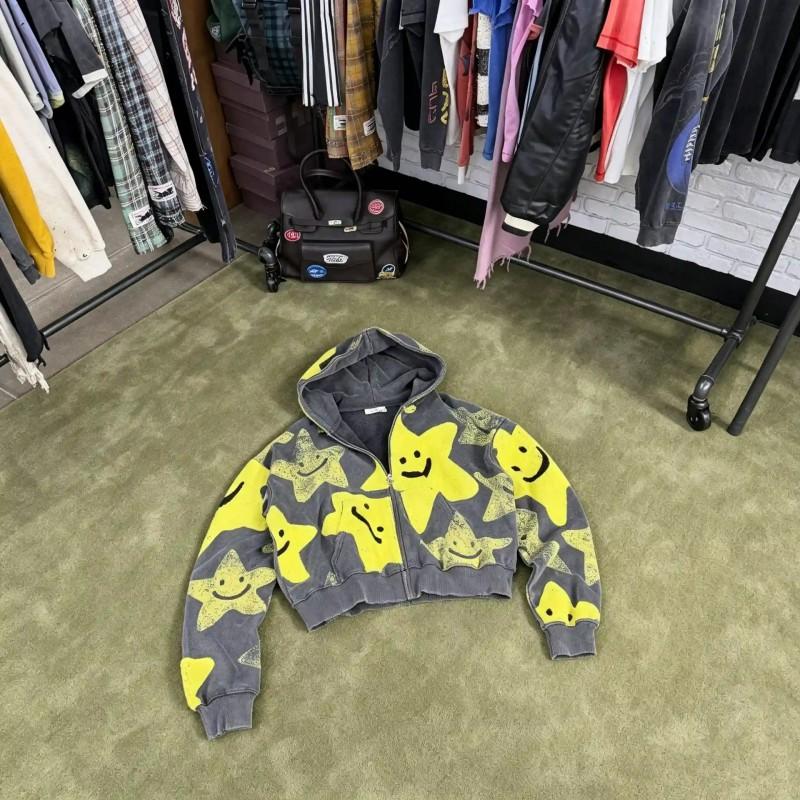 26 Y2K Millennium Smiley Star Hooded Zip Sweatshirt Retro Print Casual Jacket