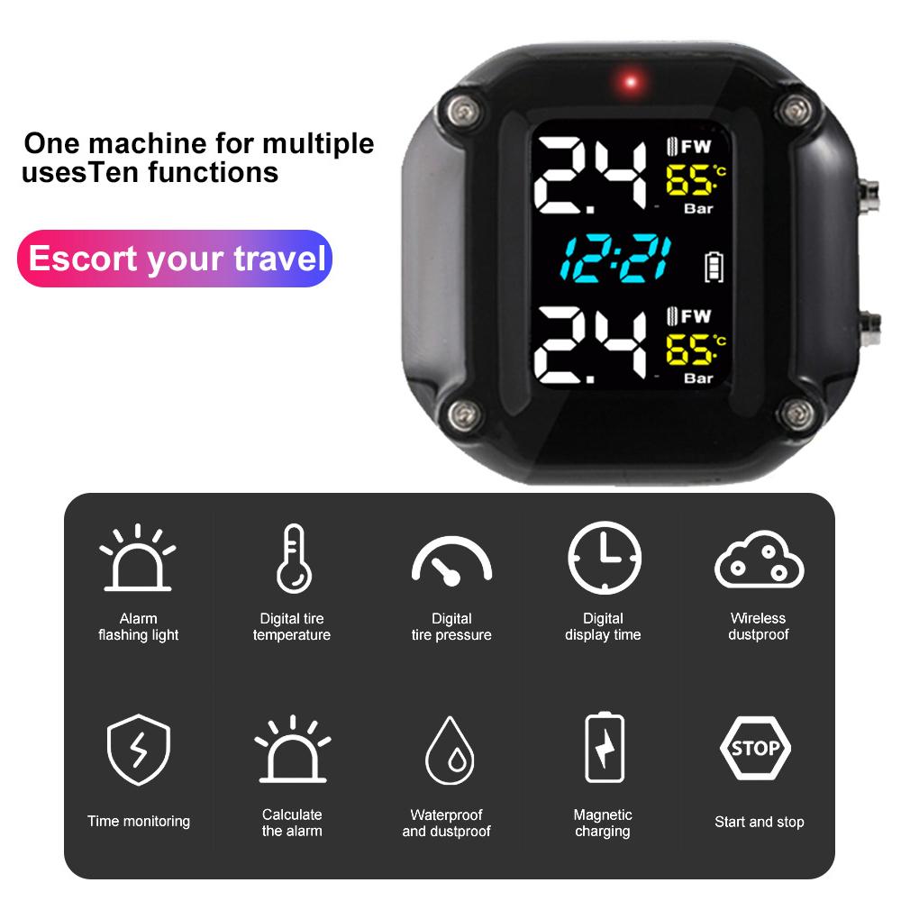 Монитор давления в шинах мотоцикла, цифровой дисплей, беспроводная система мониторинга давления в шинах мотоцикла, 2 внешних датчика в шинах для мотоцикла, мото