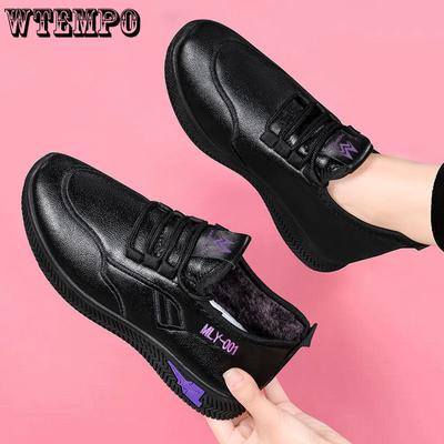 Осенне-зимняя спортивная обувь. Женская замшевая повседневная обувь. Нескользящая черная женская хлопчатобумажная обувь с кожаной поверхностью. Для людей среднего и пожилого возраста.