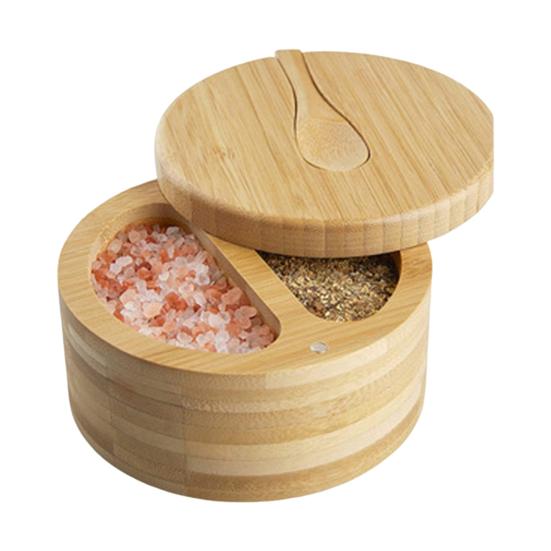 Солонка из бамбука, банка для приправ со встроенными ложками, контейнер для соли для кухни, вращающаяся крышка, коробка для специй для столешницы