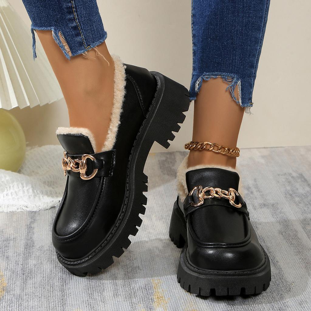 Large British Style Small Leather Shoes Winter New Fashion with Plush Loafers Cotton Shoes for Women