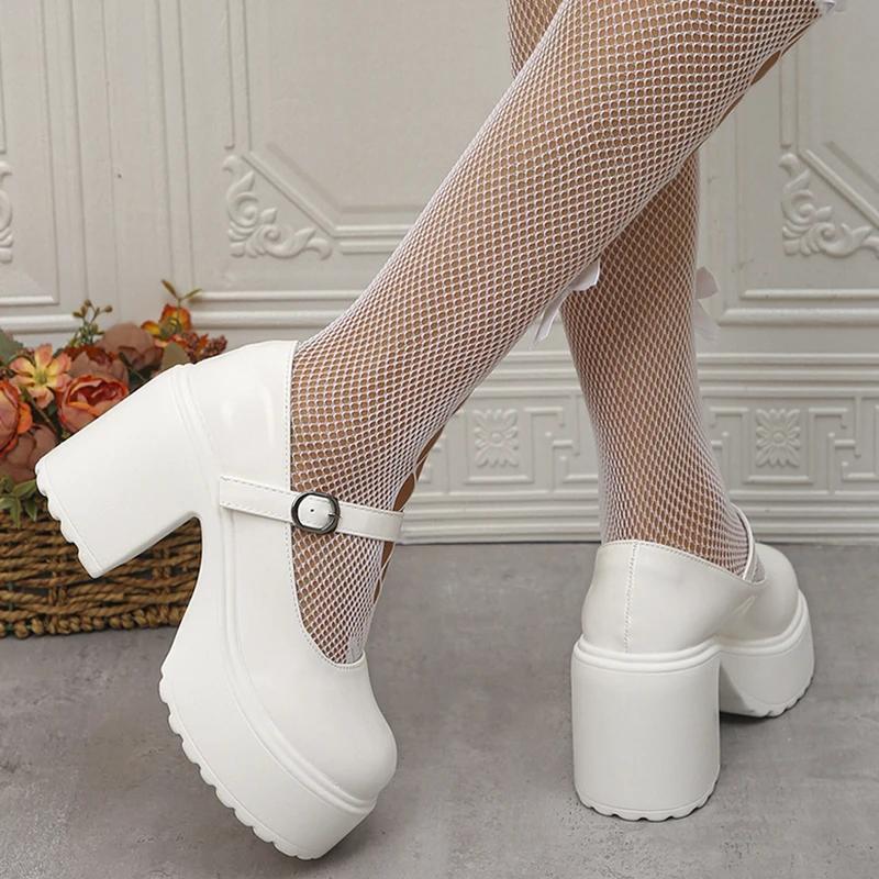 Белые туфли-лодочки на высоком каблуке, женские туфли Мэри Джейн из лакированной кожи на массивном каблуке, женские студенческие туфли с круглым носком и пряжкой на ремешке