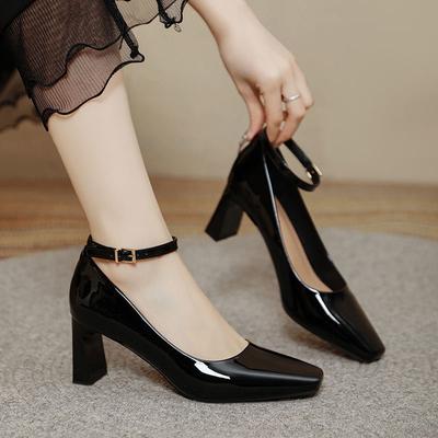 Красные туфли на высоком каблуке с пряжкой, толстый каблук, сексуальные, новые, черные, темпераментные, с квадратным носком, на высоком каблуке, одинарные туфли