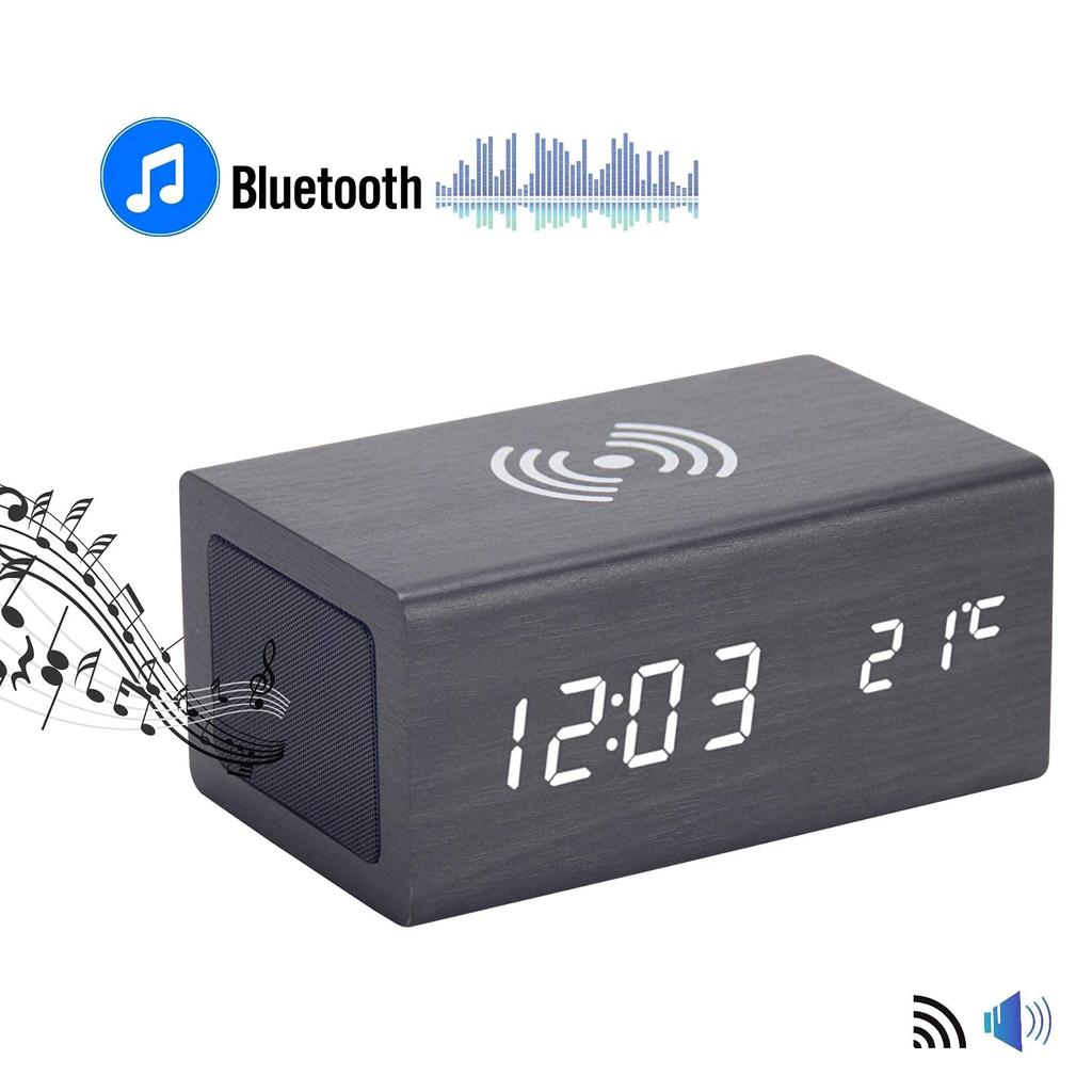 Будильник WOOD SHOW Стильный настольный цифровой настольный смартфон с зарядкой для интерьера с деревянным многофункциональным беспроводным дисплеем будильника с голосовым термометром