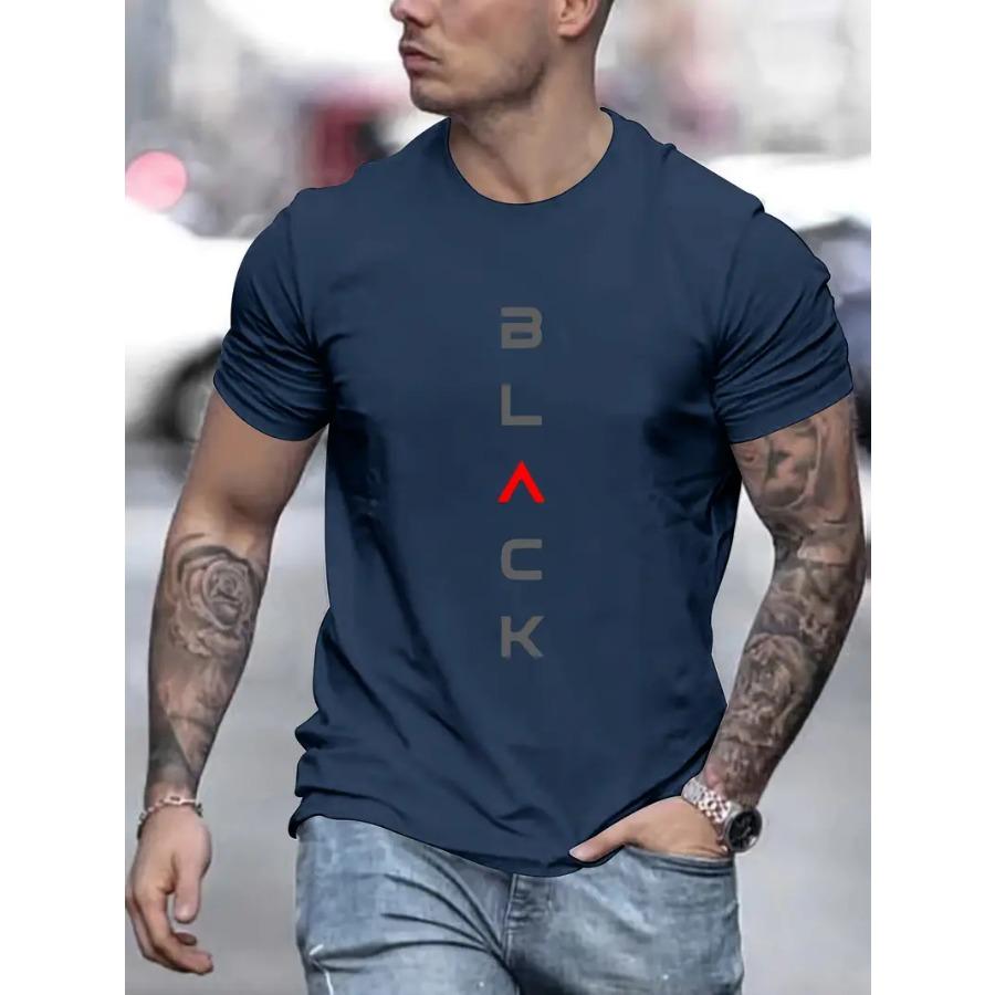 Футболка мужская с круглым вырезом и коротким рукавом с принтом алфавита - мягкая, слегка эластичная полиэстеровая ткань, машинная стирка, всесезонная одежда