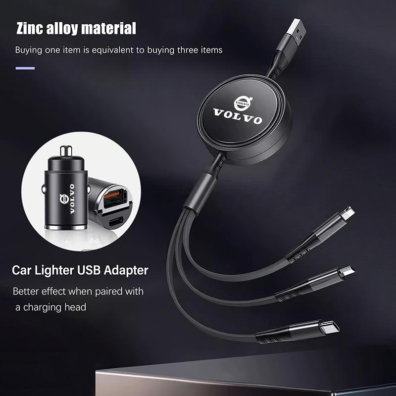 3 In 1 Retractable Data Cable Car Interior Phone Charging Wire Accessories For Volvo Xc60 Xc90 V40 V60 S60 V50 V90 S80 C40 XC40