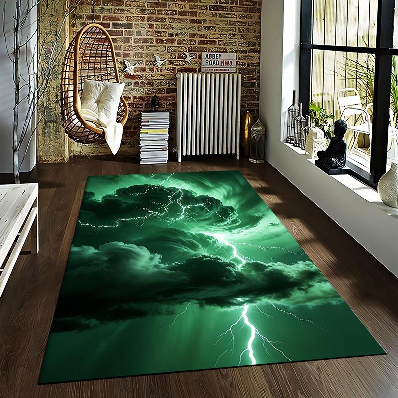 Green Lightning Storm Design Carpet, Dark Cloud Patterned Floor Rug Suitable for use as an anti-slip for living room bedroom sofas