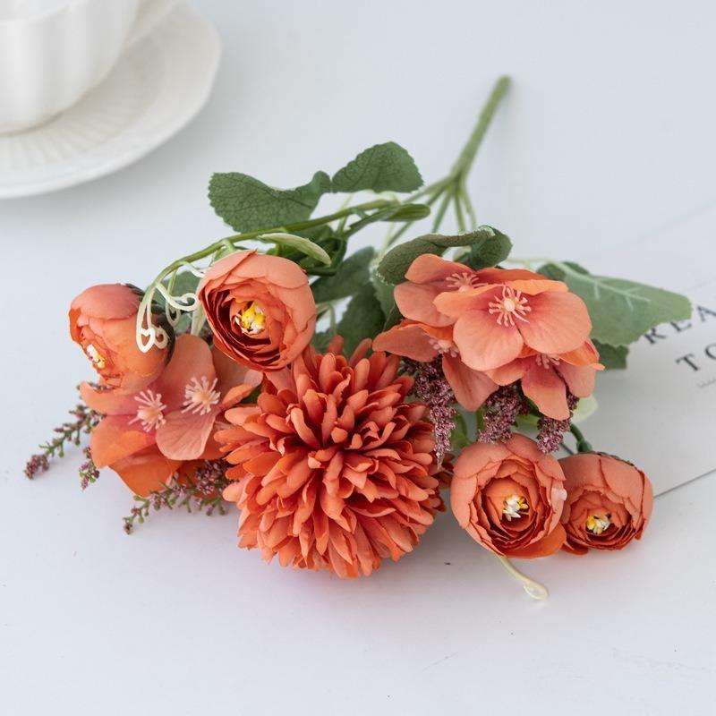 2Pcs Artificial Chrysanthemum Hydrangea Rose Bouquet Artificial Flowers Fake Roses Peony Flower Silk for Party Home Table Wedding Courtyard Decoration