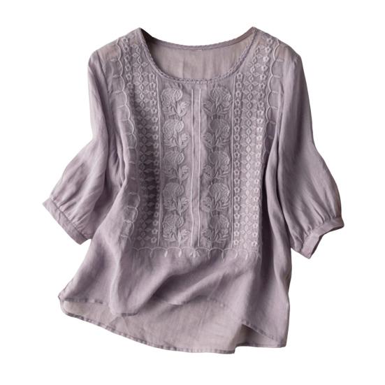 Женская рубашка с круглым вырезом и коротким рукавом, вышитый цветочный узор, топы, однотонная тонкая ретро-блузка, повседневная одежда