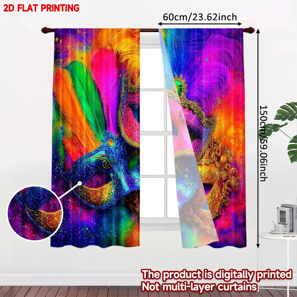2D flat printing 2pcs Curtain Curtain Carnival Masks with Feathers(1) Digital Printed Polyester Drapes Family Party for Holiday
