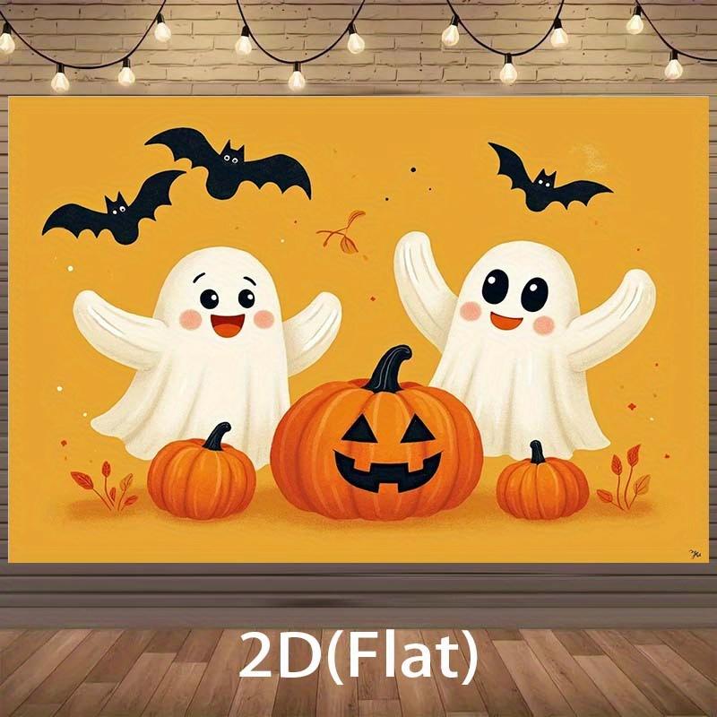 2D flat, 1 Halloween banner with two happy ghosts and pumpkins, no need for electricity