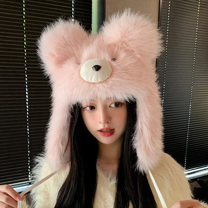 Милая плюшевая шапка-медведь женская зимняя утолщенная теплая универсальная шапка-пуловер показывает маленькое лицо и защищает уши от холода