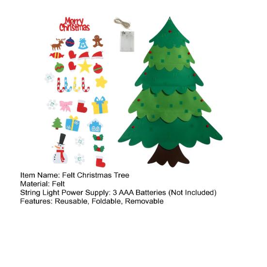 DIY Felt Christmas Tree with 5m LED Lights 3-Foot Tall Wall Hanging Decor with Detachable Ornaments Montessori Holiday Activity for Kids And Home