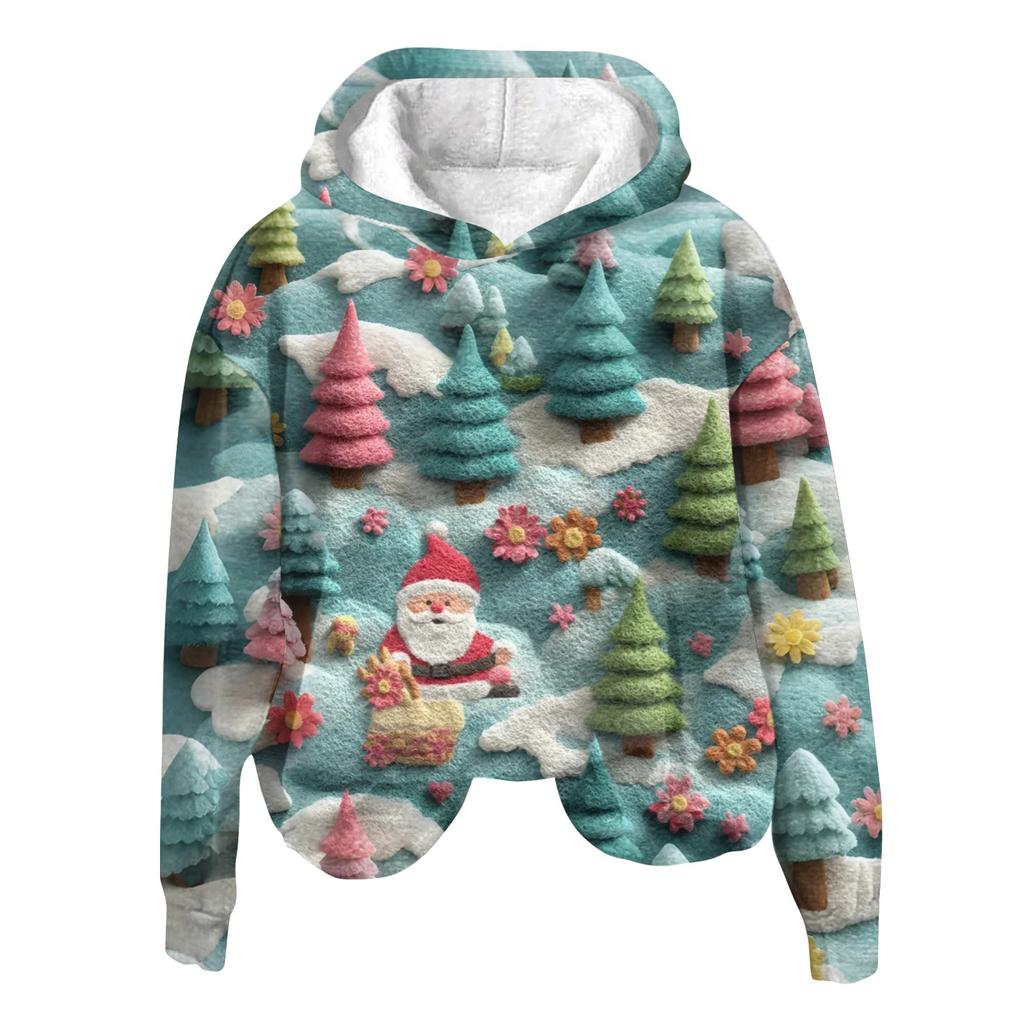 Women's Fashion Long Sleeve Christmas Print Loose Hooded Sweatshirt Top