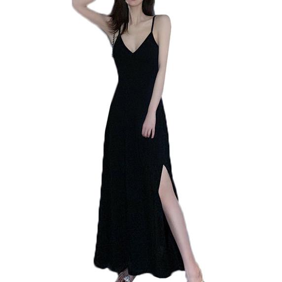 Strap Black Dress Sexy And Gentle V-Neck Base Retro Long Side Slit Dress