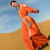 Muslim Women's Orange Handmade Rhinestone Long Dress with Belt Robe Ramadan