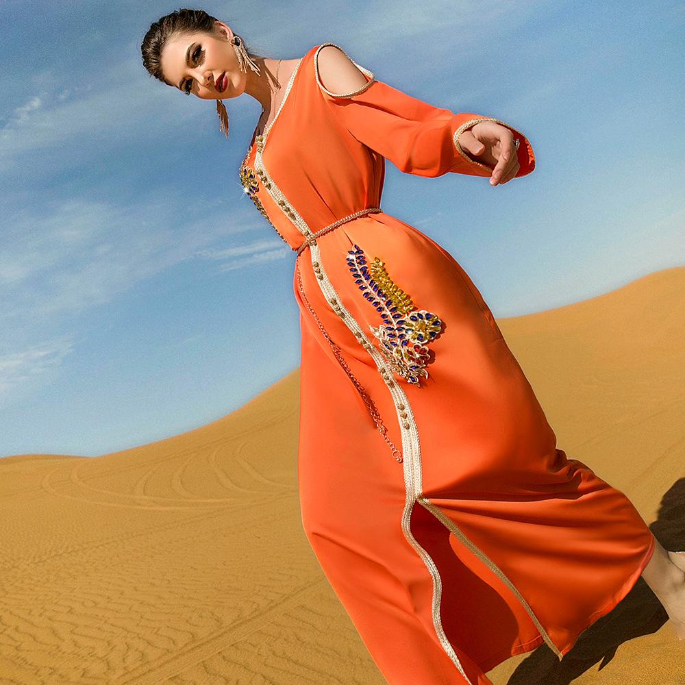 Muslim Women's Orange Handmade Rhinestone Long Dress with Belt Robe Ramadan