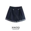 Fashion Style 2024 Summer New Women's Minimalist Belt Loop Waist Paper Bag Type High Waist Denim Shorts 0779151