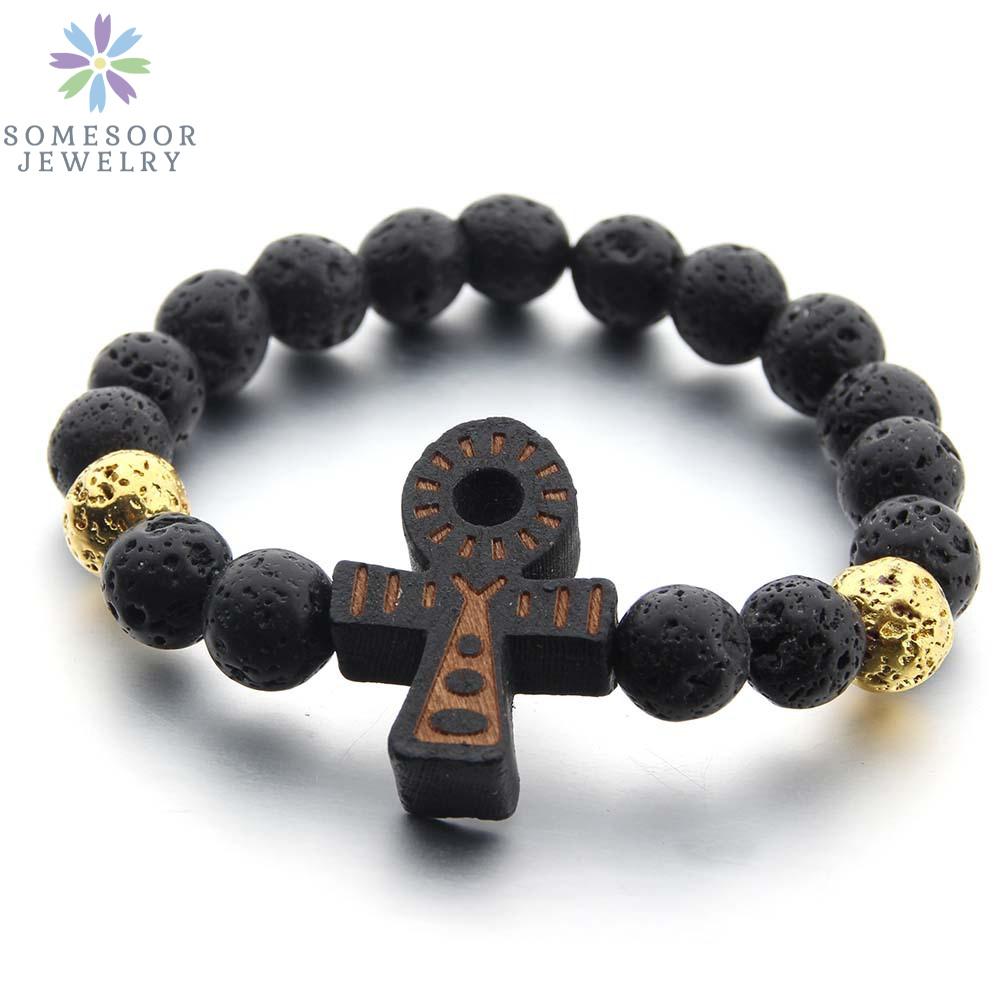 SOMESOOR Египетский браслет Анкх Деревянный Браслет с гравировкой карты Африки Бусины из лавового камня Этнические шармы Браслет для женщин и мужчин Подарки
