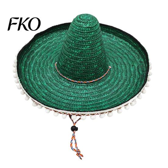 Decorative Straw Hat Mexican Sombrero with Colorful Poms, Hawaiian Style Woven Sun Hat, Wide Brim Lightweight Summer Beach Party Costume