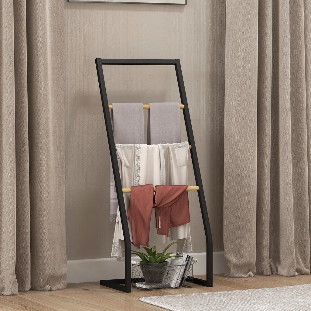 Bamboo And Steel Freestanding Towel Rack With 4 Bars Support 40.5L X 28W X 98H Cm Black And Natural
