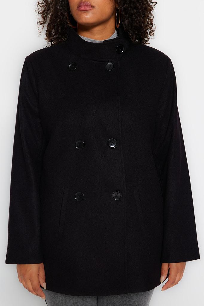 Women's Style Plus Size Black Double Closure Stand Collar Coat