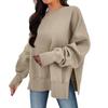 Women's Solid Color Slit Round Neck Sweatshirt Casual Top Loose Long Sleeved Top