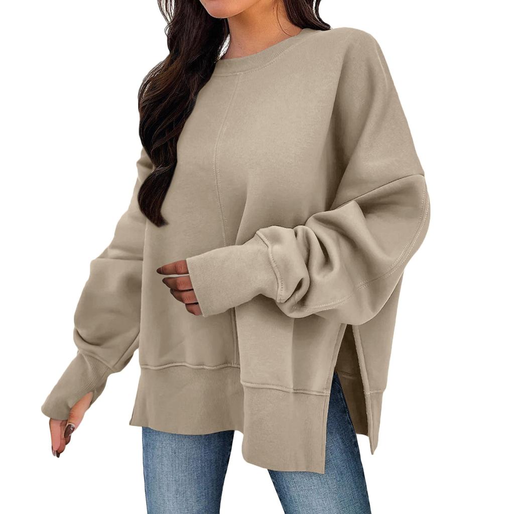 Women's Solid Color Slit Round Neck Sweatshirt Casual Top Loose Long Sleeved Top
