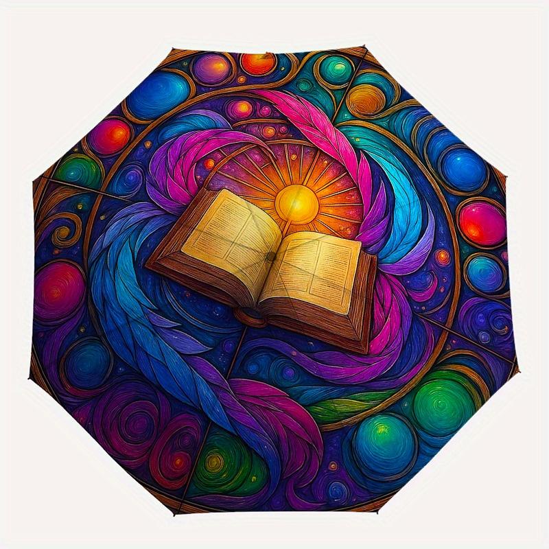 Colorful Mandala Art: Open Book with Feathers and SwirlsUmbrella, Portable 3-Fold Compact Umbrella for Men & Women Gift